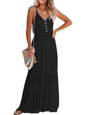 〽️Women's Black Spaghetti Strap V Neck Flowy Maxi Dress Summer Sundress 2026